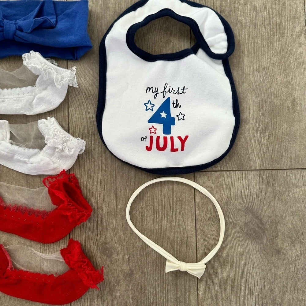Baby girl first 4th of July accessory lot- bib, socks and headbands